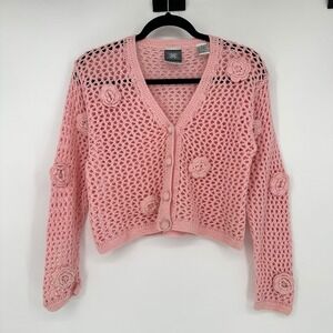 Vintage Gerard Works Pink Crochet Floral Cropped Cardigan Ramie 90s Coquette M